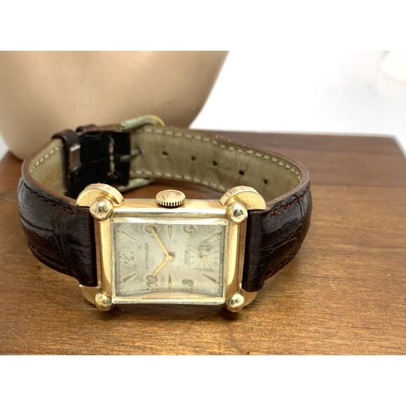 Wittnauer Revue Watch Swiss Mechanical Tank Vintage Gold Brown Leather Band 22mm - Picture 9 of 15